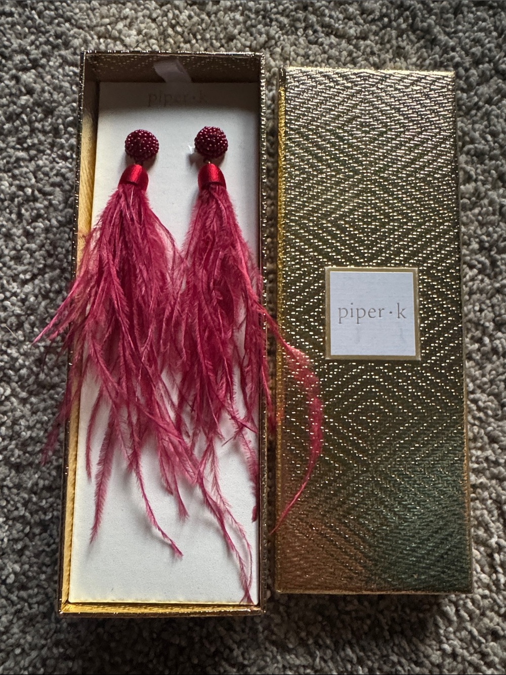 Piper-k Feather Tassel Statement Earrings in Deep Raspberry